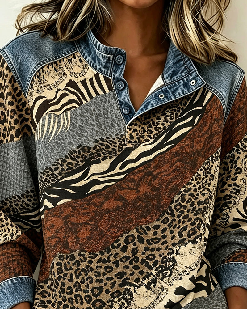 Patchwork Leopard Button Blouse