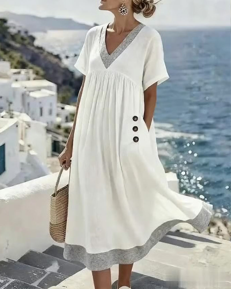 V-Neck Color Blocking Gathers Babydoll Dress