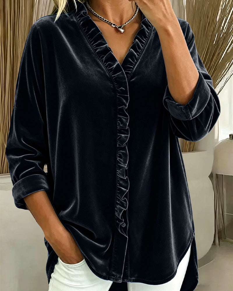 Solid Color Ruffled Slit Top