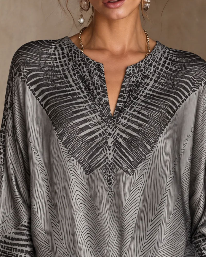 Patterned V-Neck Loose Blouse