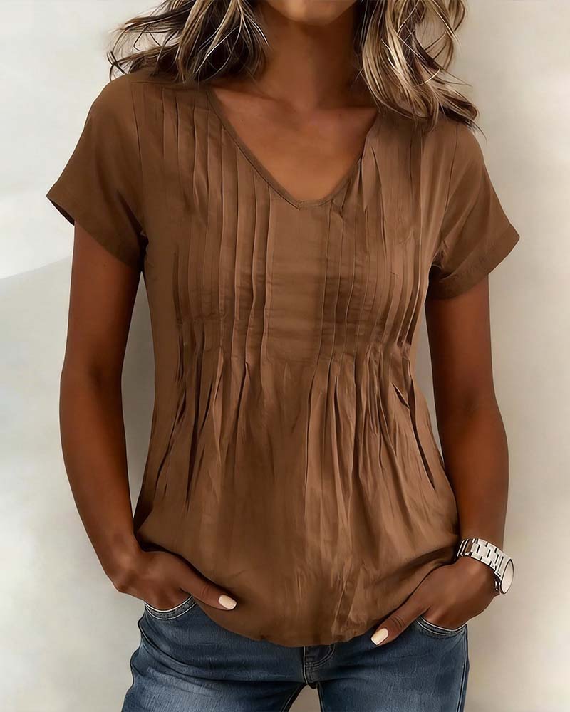 V-Neck Pleated Short-Sleeved Blouse