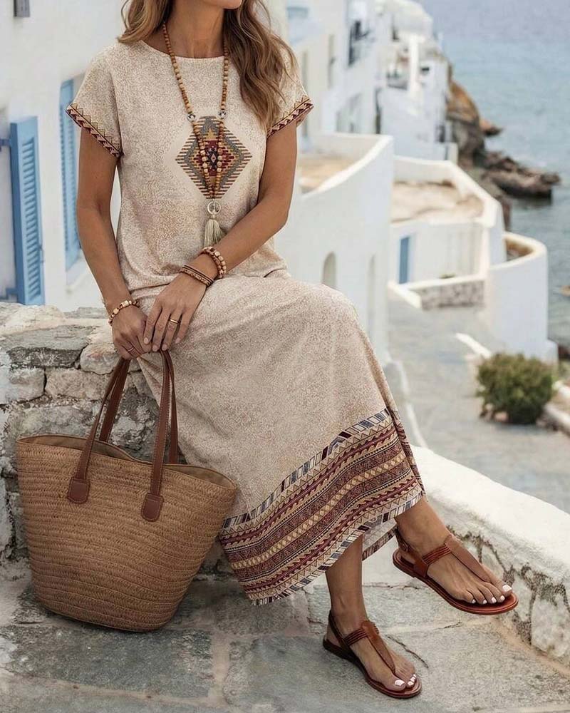 Round Neck Overlap Print Dress