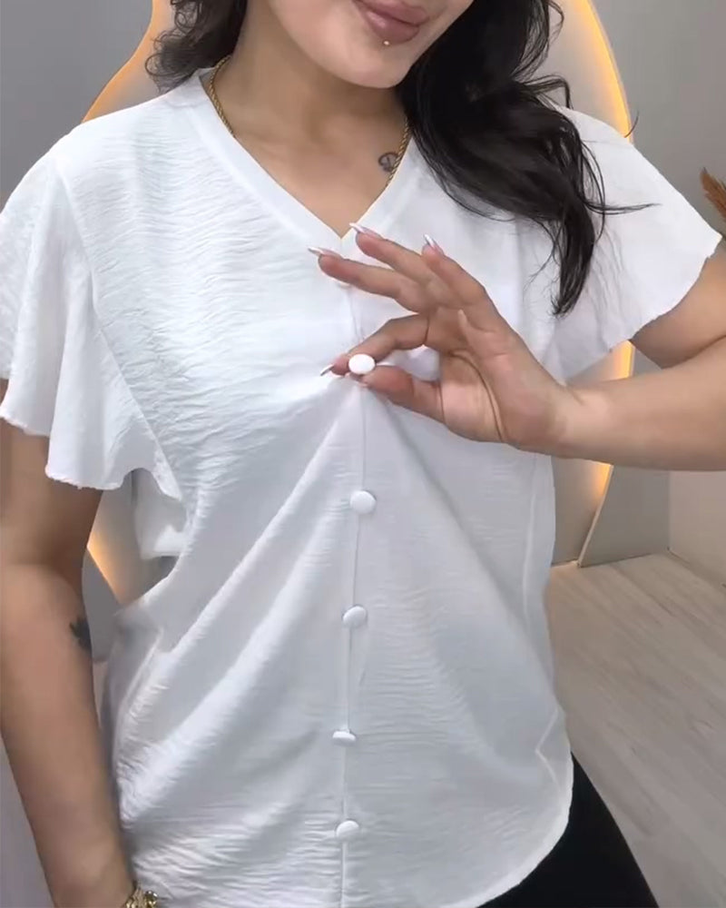 V-Neck Button Flutter Sleeve Blouse