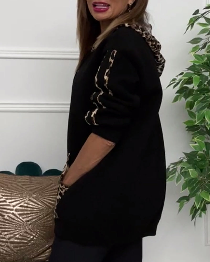 Casual leopard print pocket lace-up hoodie