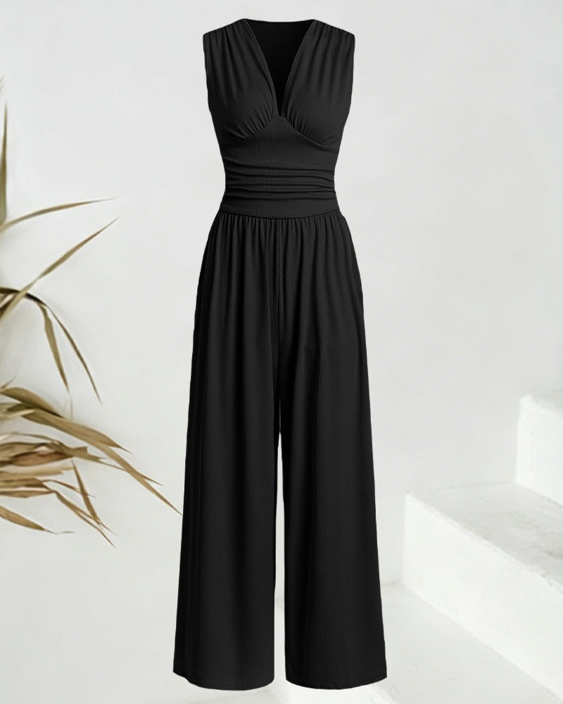 Solid Ribbed Sleeveless Jumpsuit