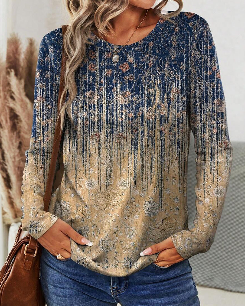 Retro Round Neck Printed Long-Sleeved Top