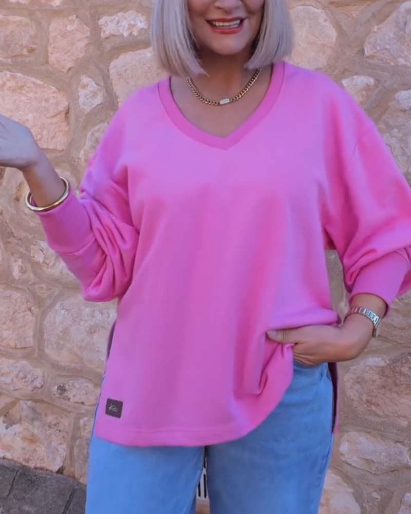 V-Neck Solid Color Sweatshirt