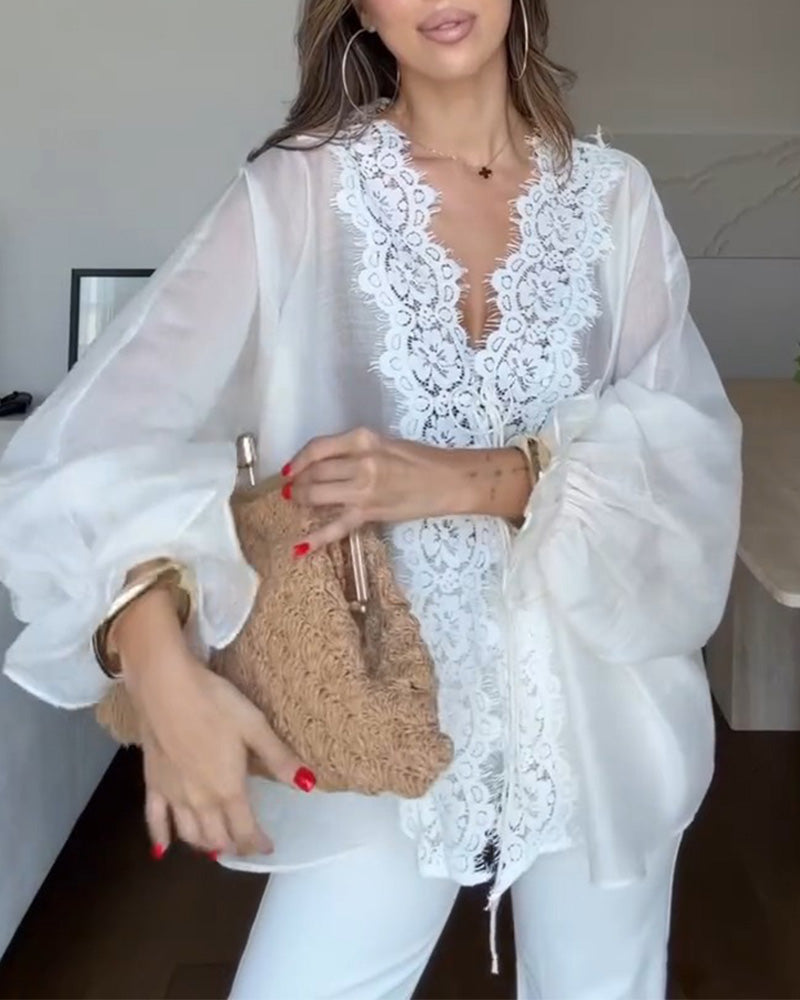 V-Neck Lace Panel Ruffle Blouse