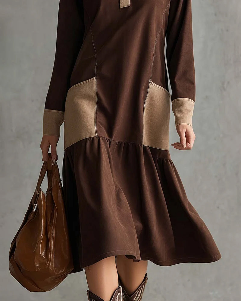 Long Sleeve Lapel Contrast Dress