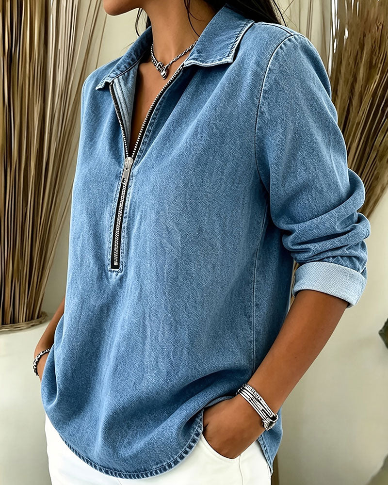 Lapel Zippered Long Sleeve Loose Top