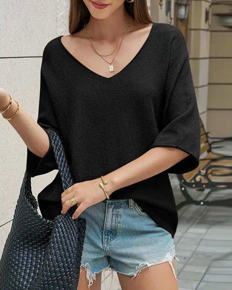 V-Neck Batwing Sleeve Solid T-Shirt
