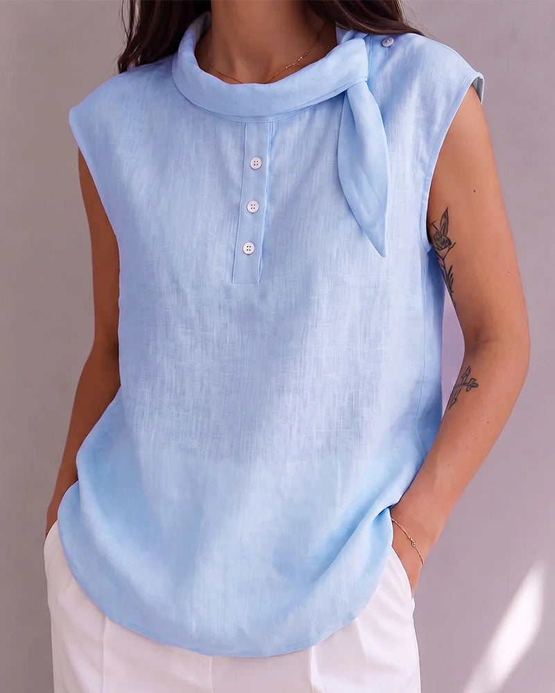 Bow Button Sleeveless Blouse
