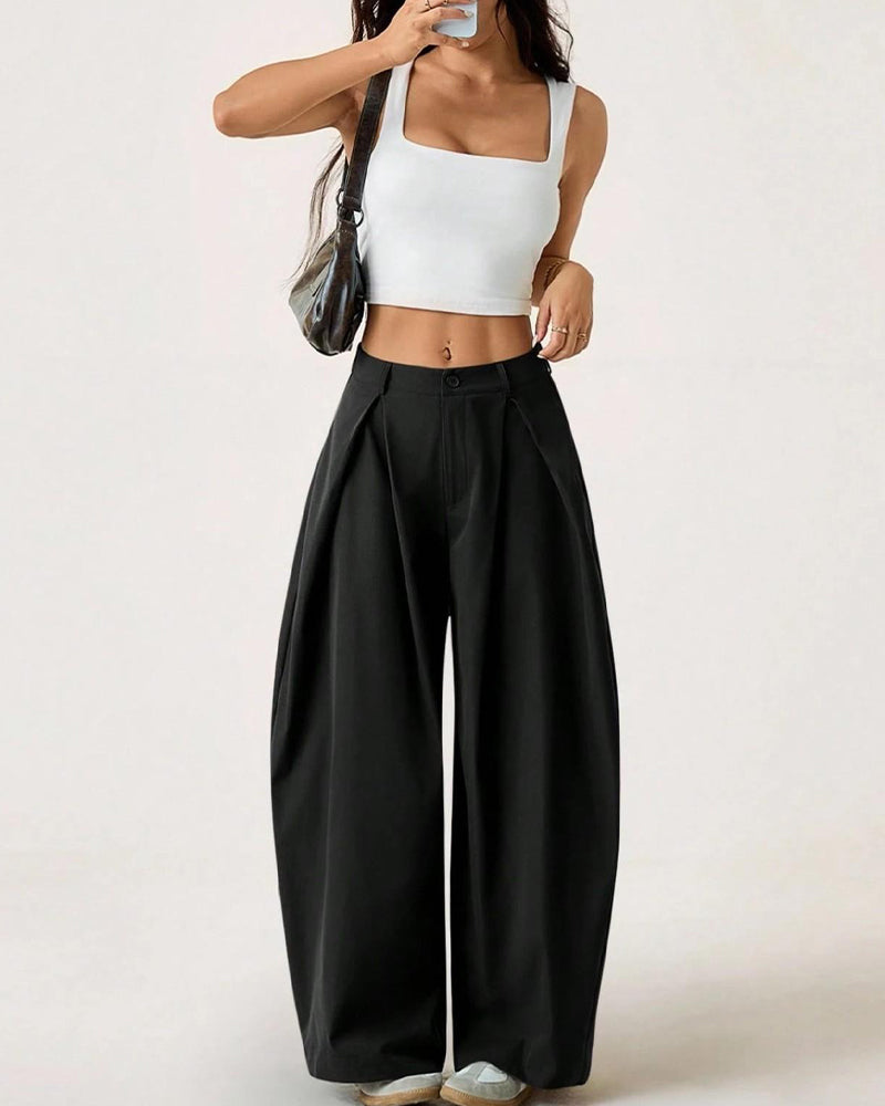 High-Waist Pleated Wide-Leg Casual Pants