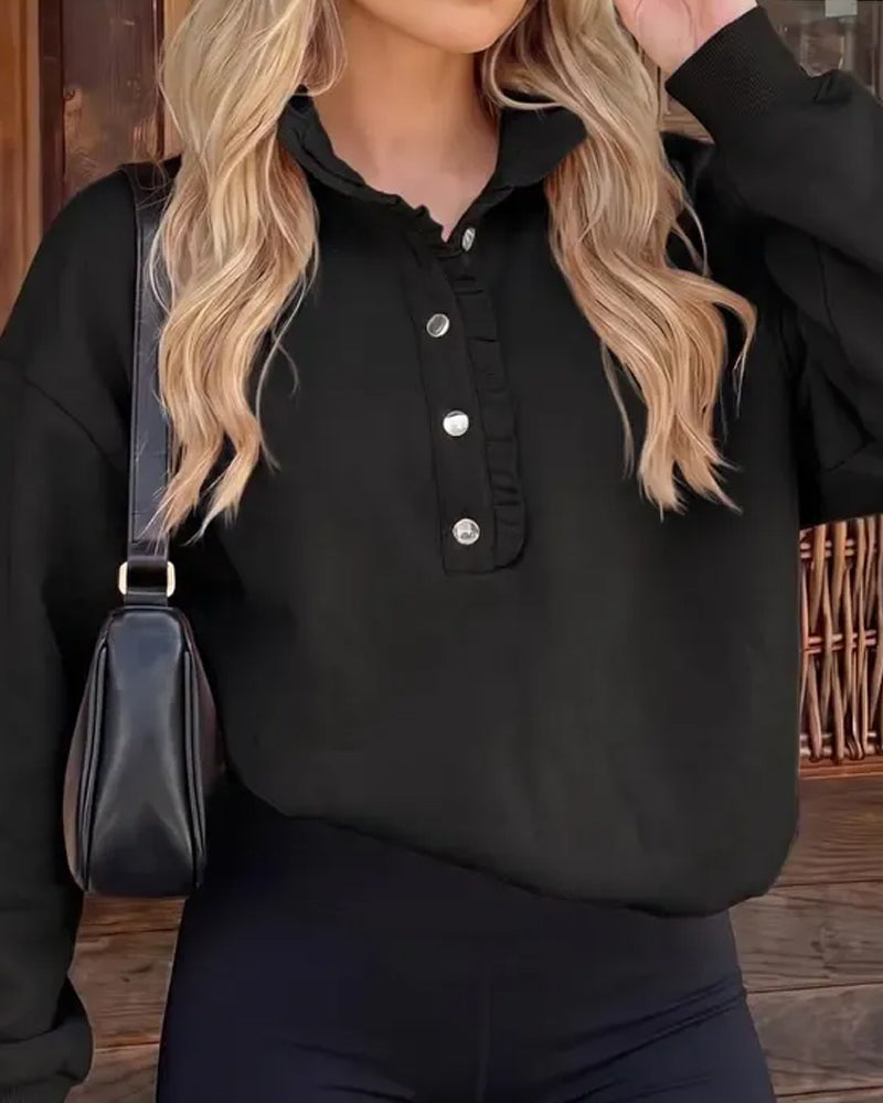 Ruffled Buttoned Long-Sleeved Loose Sweatshirt