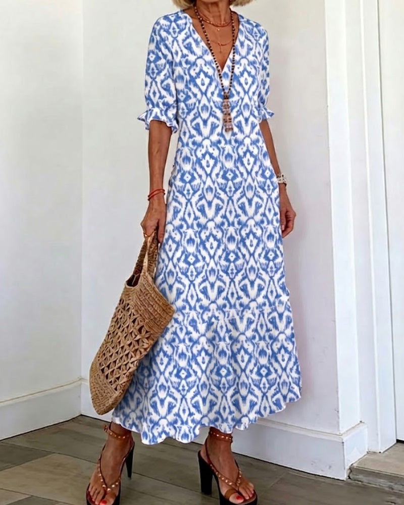 V-Neck Mid-Length Sleeve Ruffle A-Line Dress