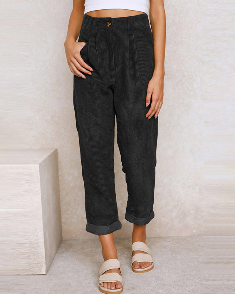 Solid Straight Trousers with High Waist