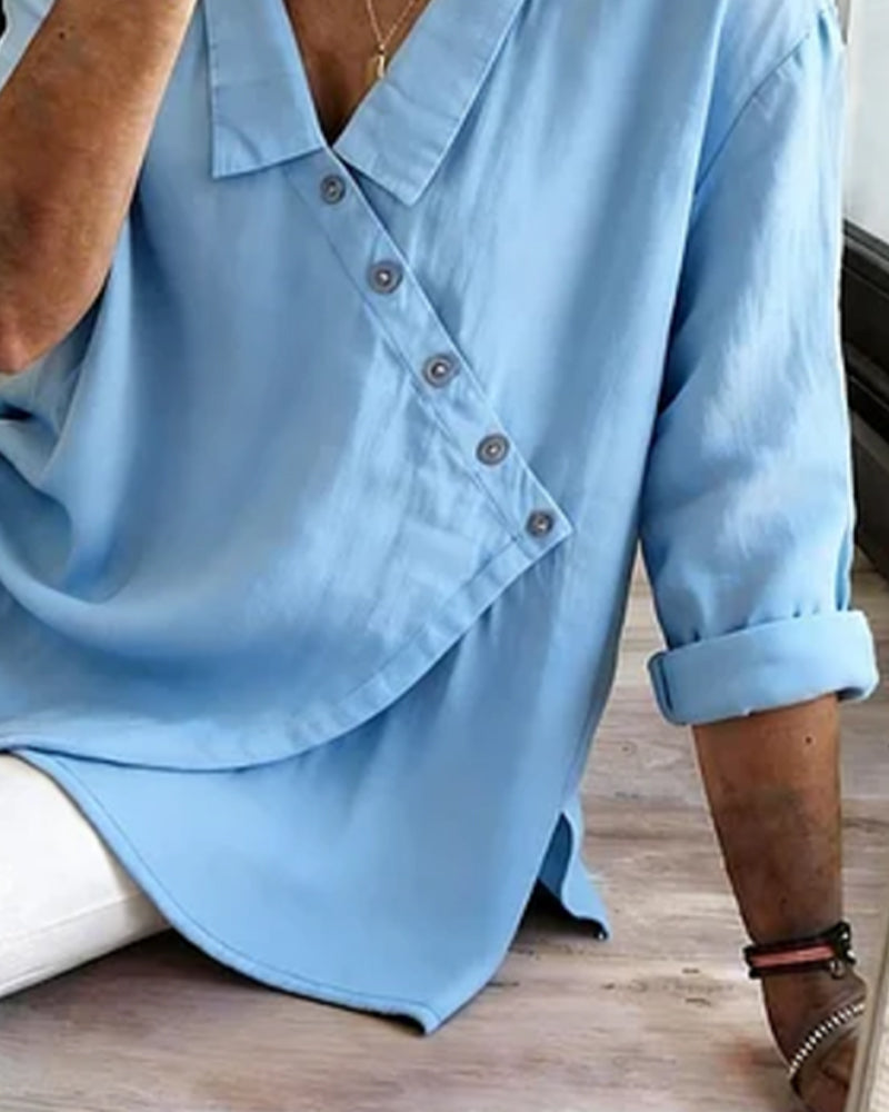Asymmetrical Diagonal-Placket Collared Blouse