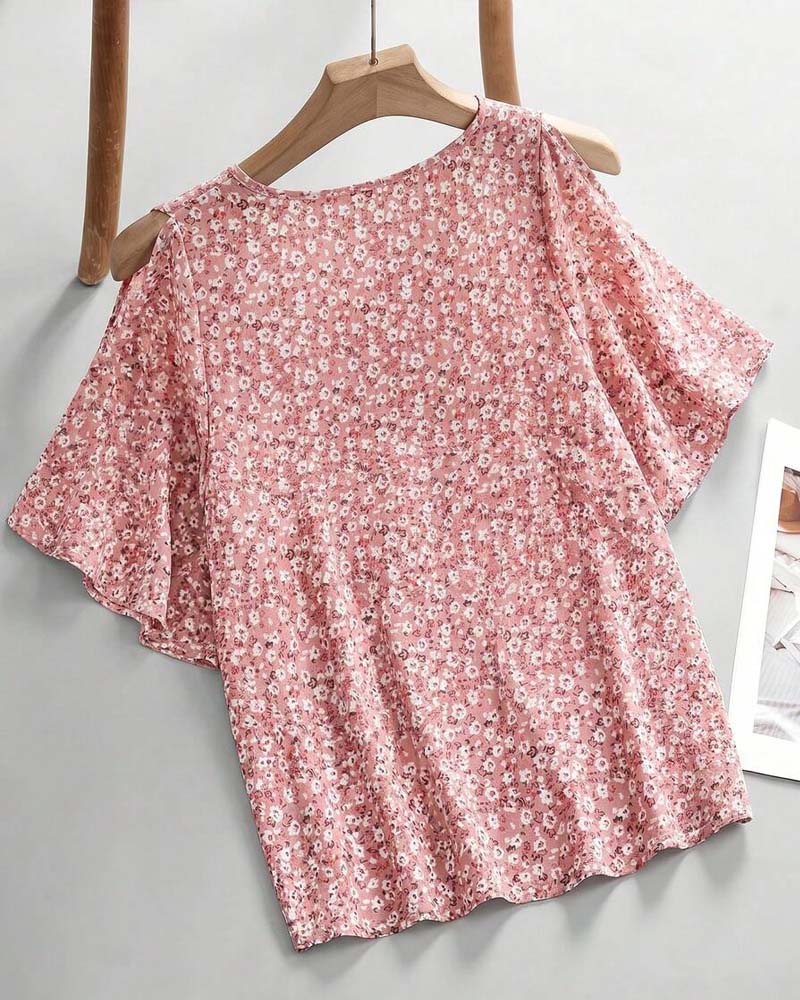 V-Neck Floral Off-Shoulder Flutter Sleeve Blouse