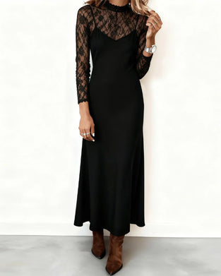 Lace-Trimmed Solid Color Long Dress