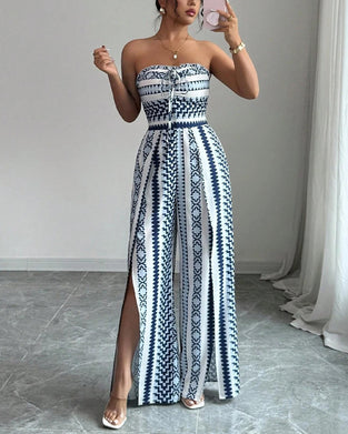 Geometric Bandeau Slit Wide Leg Jumpsuit