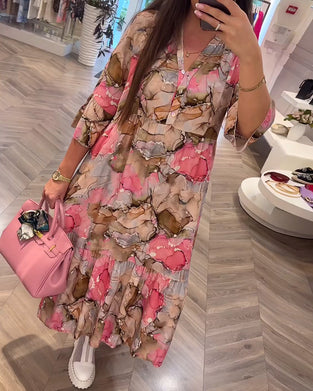 V-neck printed gentle loose dress