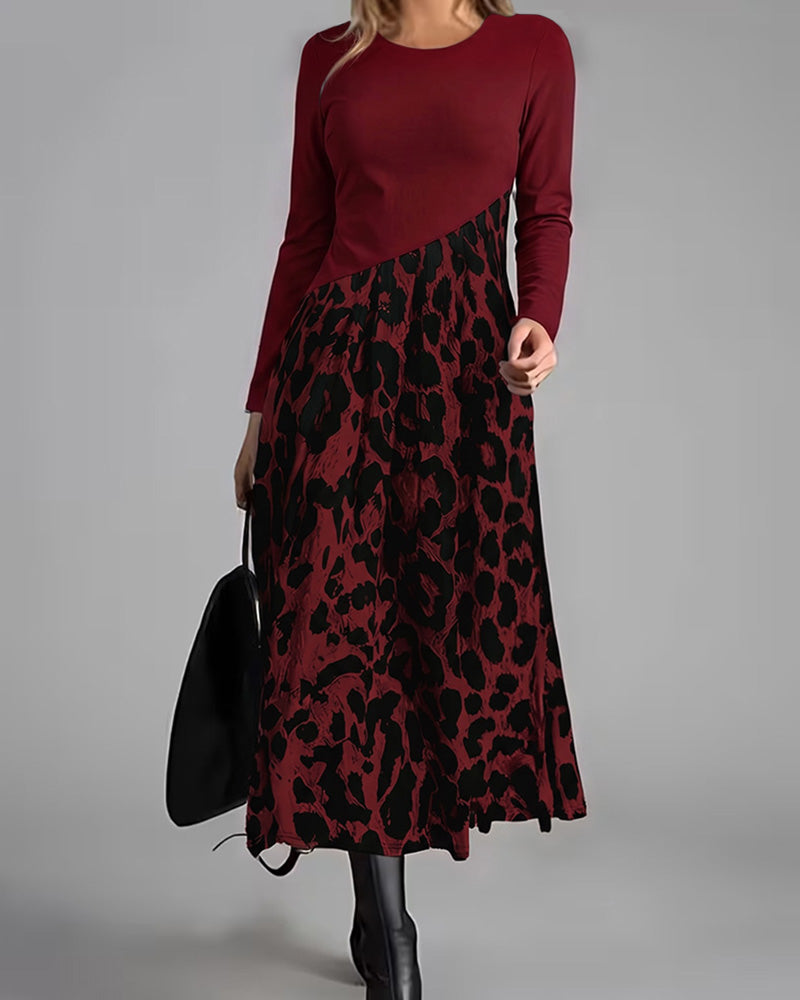 Crew Neck Leopard Full Skirt Dress