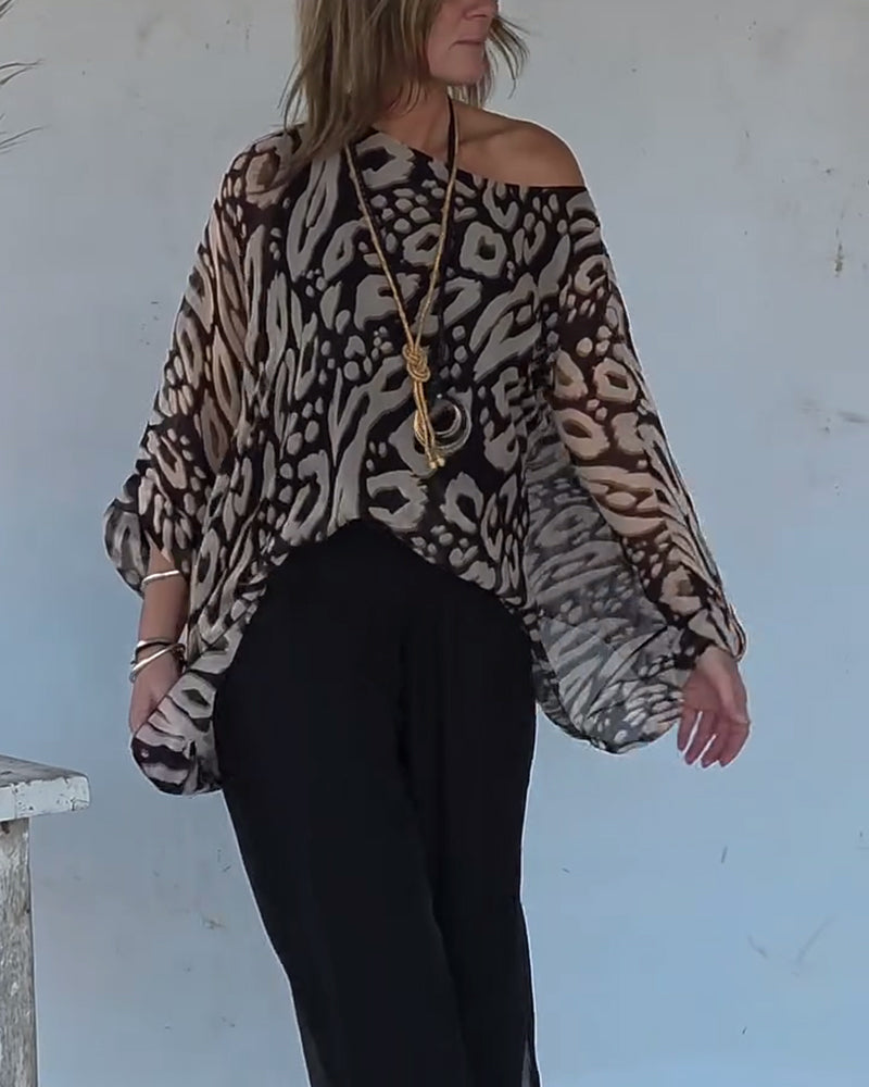 Irregular Bat Print Long-Sleeved Blouse