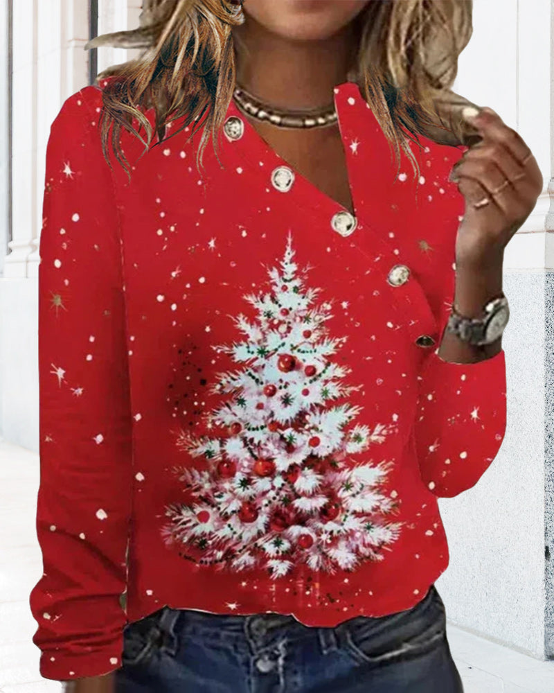 Side Shoulder Button Christmas Tree Print Top