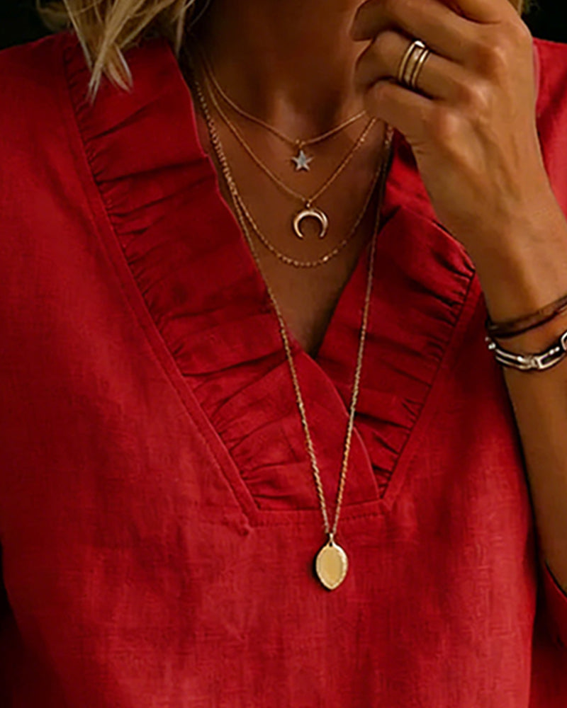 100% Cotton Ruffle V-Neck Three-Quarter Sleeve Blouse