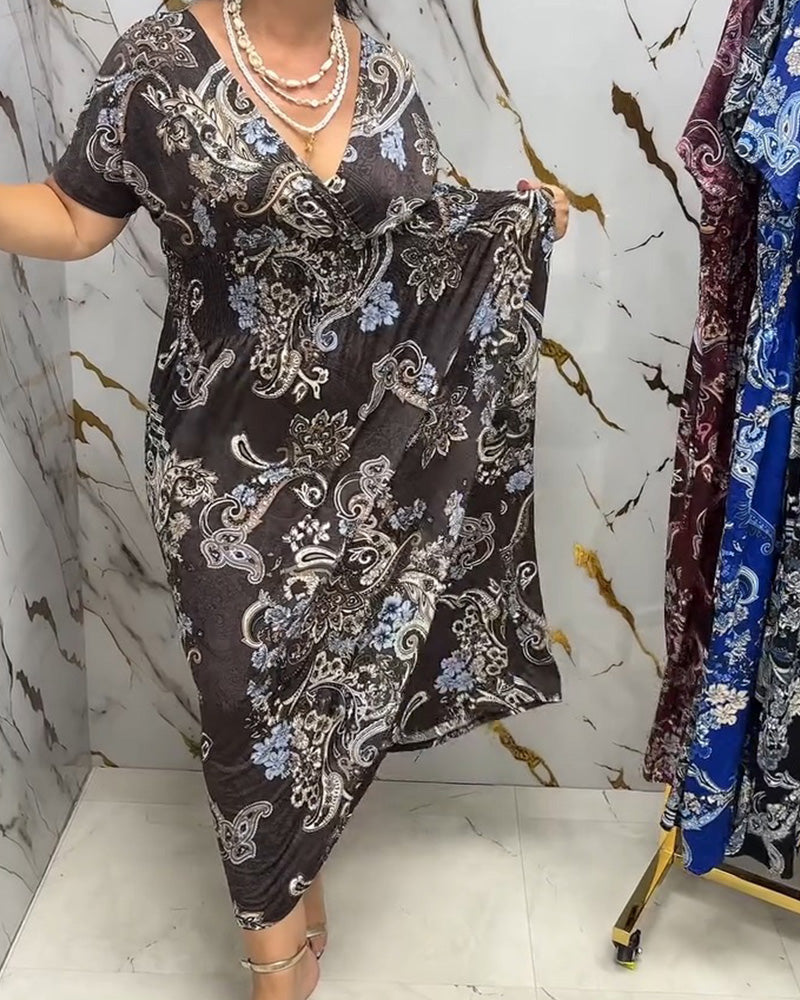 V-Neck Floral Waisted Maxi Dress