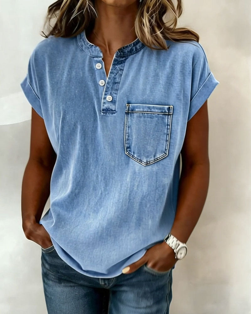 Washed Denim Henley Short Sleeve Top