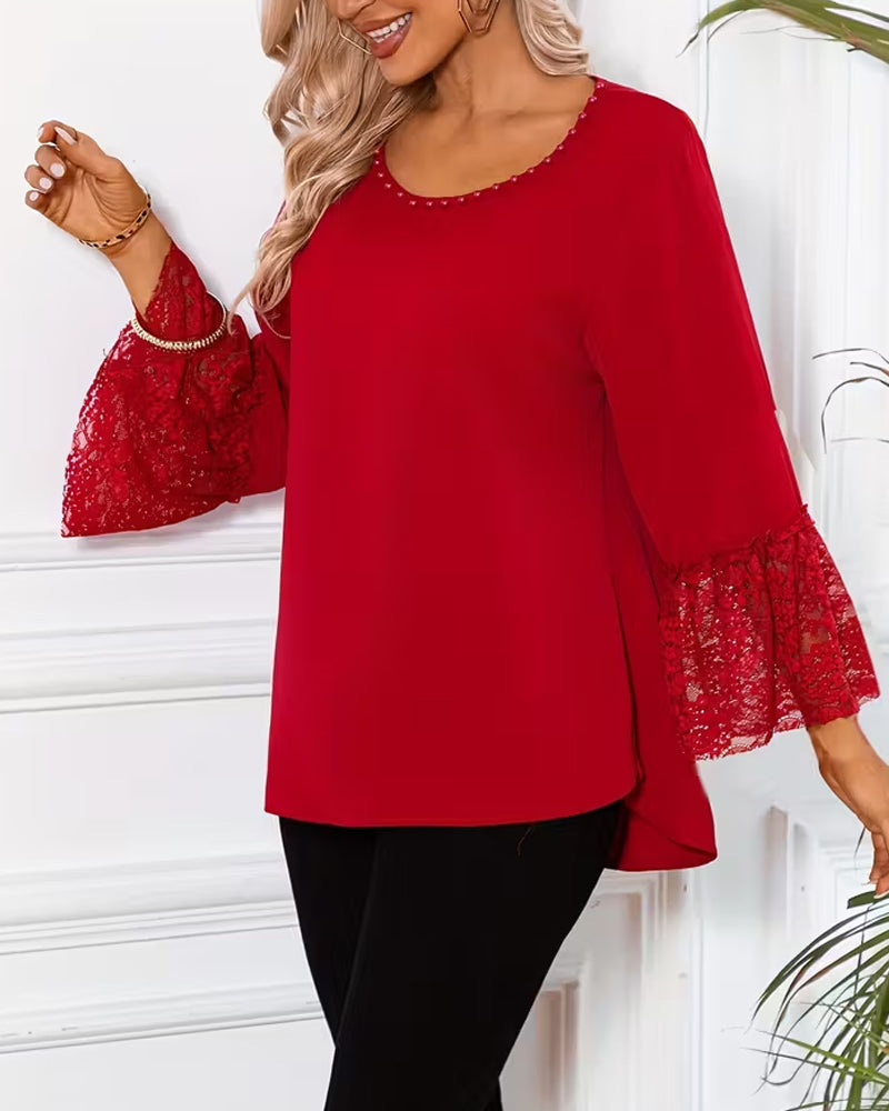 Lace Bell Sleeve Crew Neck Blouse