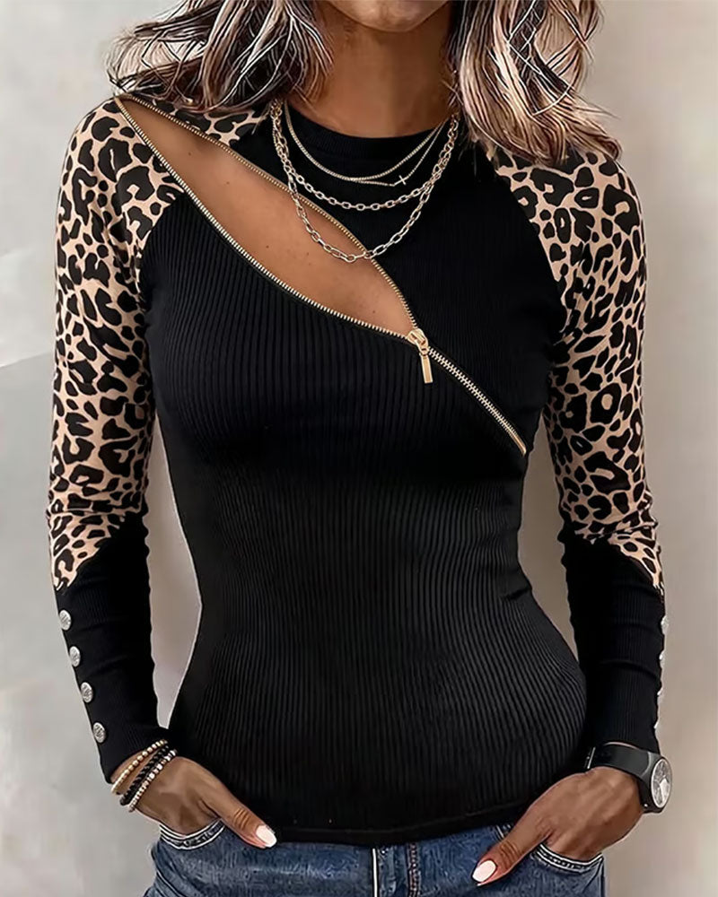 Leopard Patchwork Diagonal Zip Top