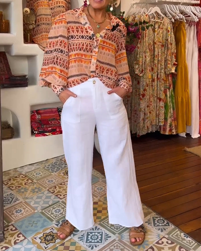 Lapel retro printed shirt