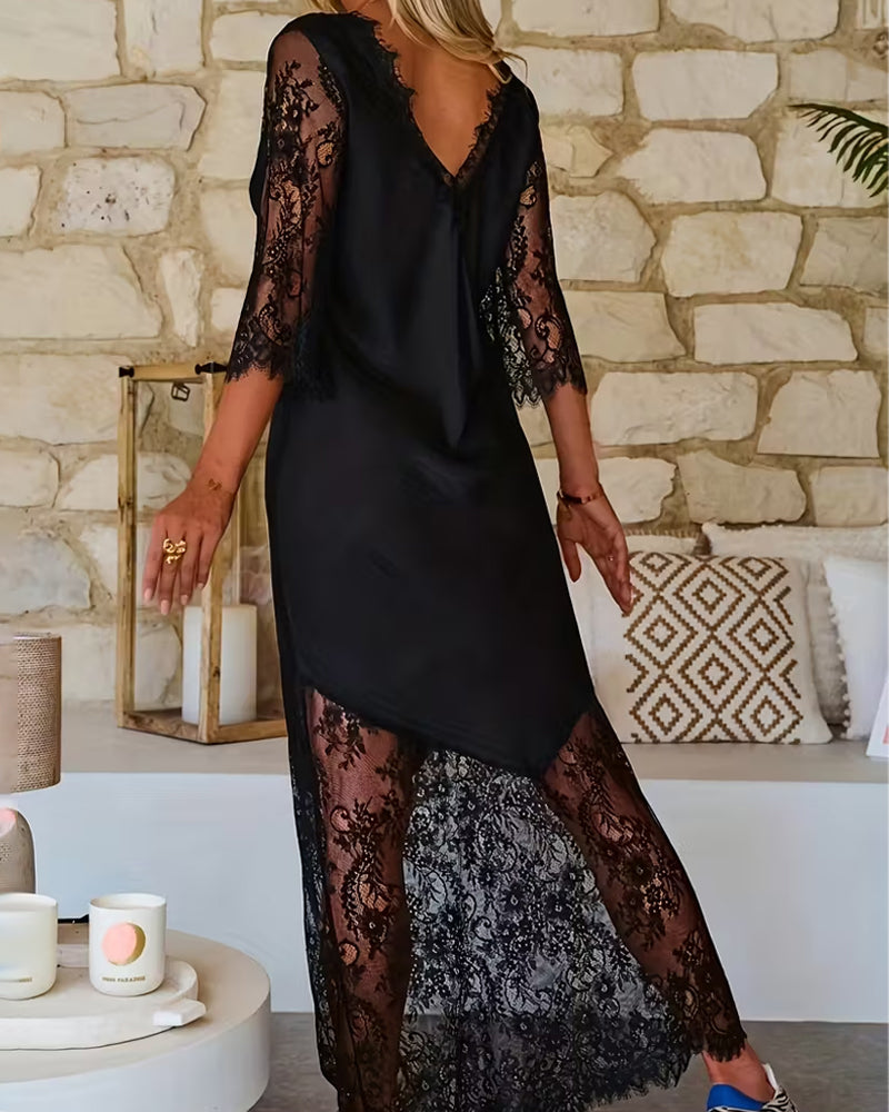 V-Neck Lace Paneled Elegant Dress