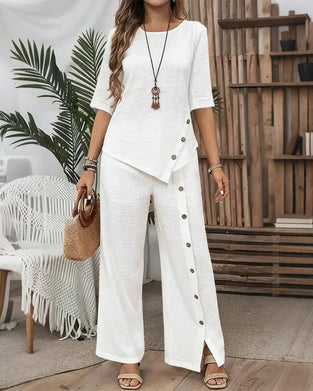 Button-Embellished Irregular Top And Trousers Set