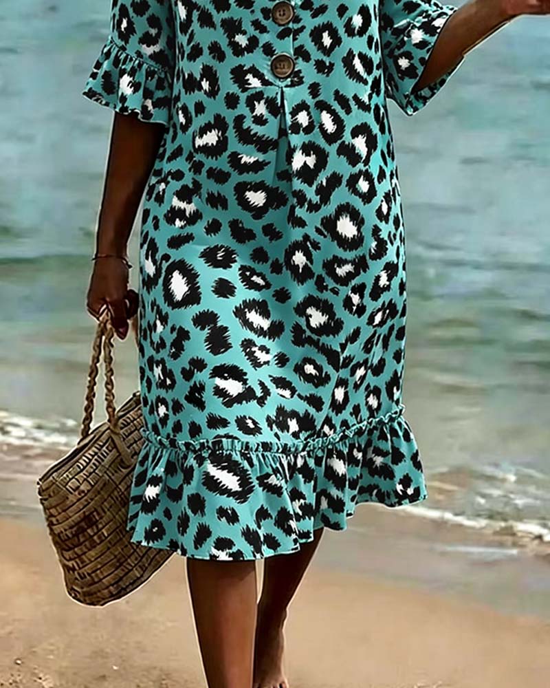 Leopard Print V-Neck Ruffled Dress