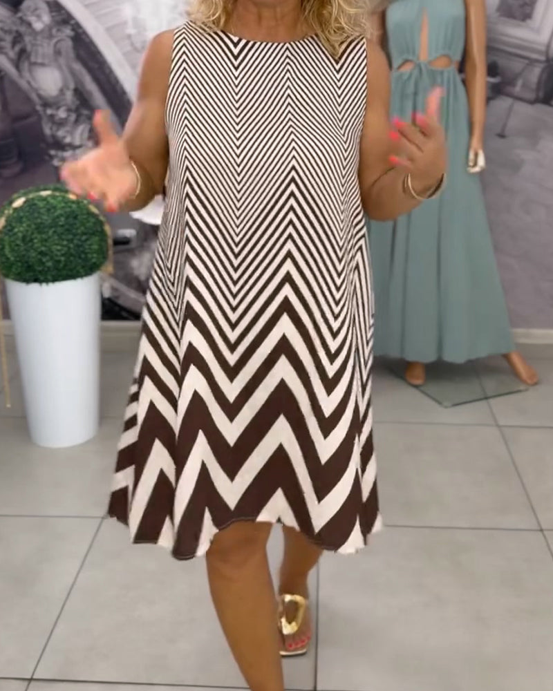 Crew Neck Geometric Print Sleeveless Dress