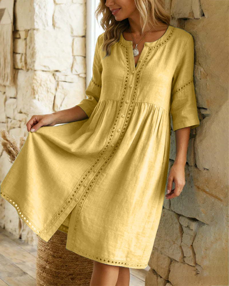 100% Cotton Hollow Out V-Neck Button-Front Dress