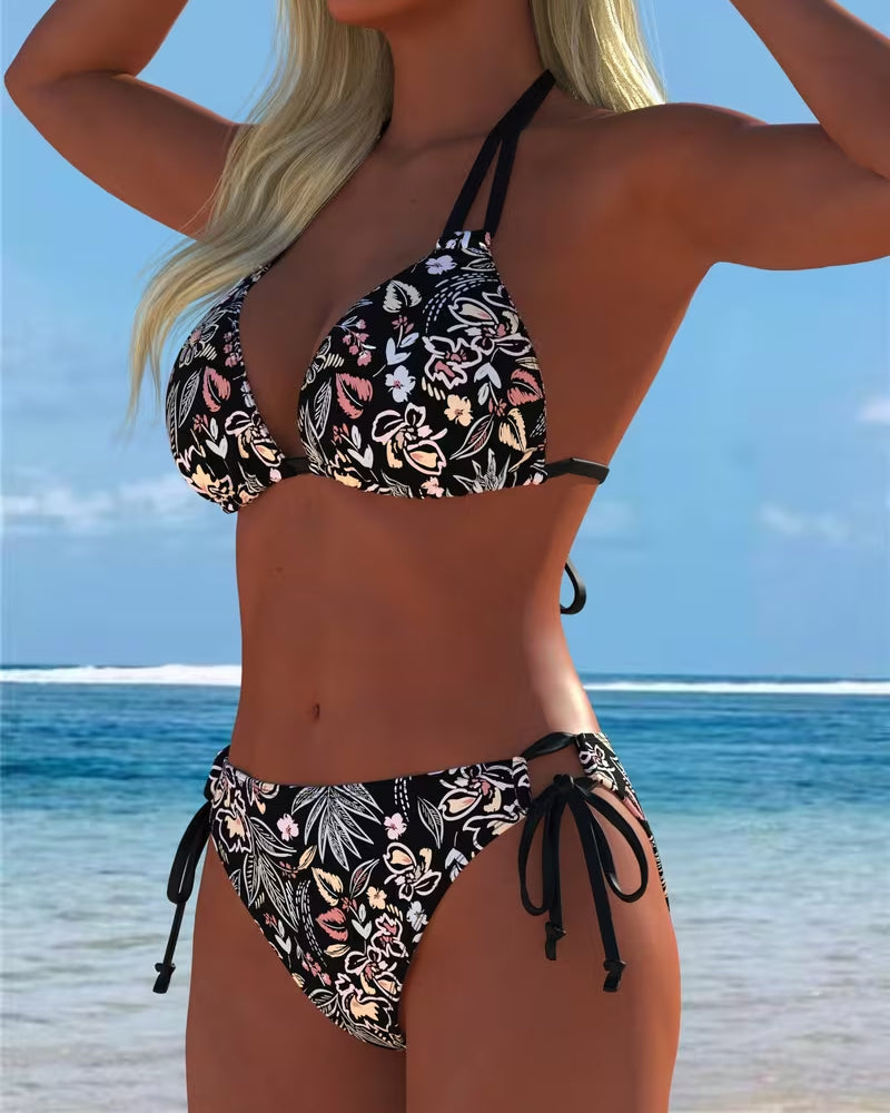 Floral Halter-Neck Tie-Up Two-Piece Bikini