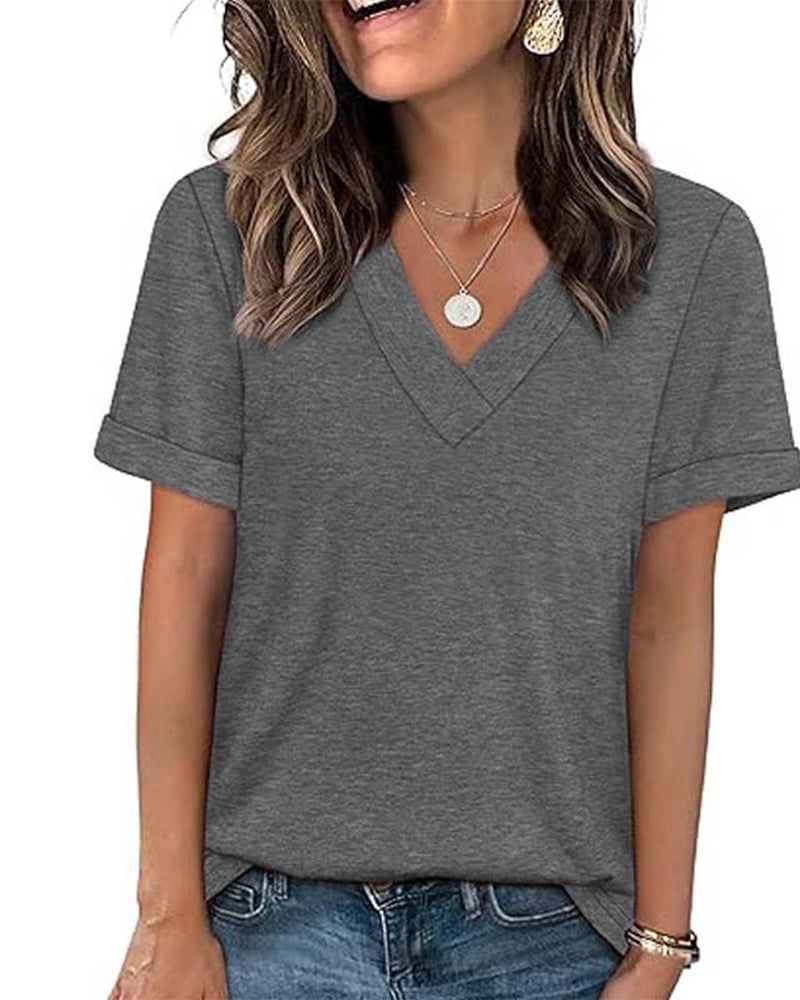 Solid V-Neck Casual Short Sleeve T-Shirt