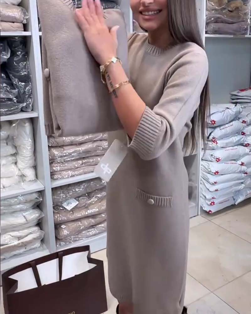 Crew Neck Elbow-Length Sleeve Sweater Dress