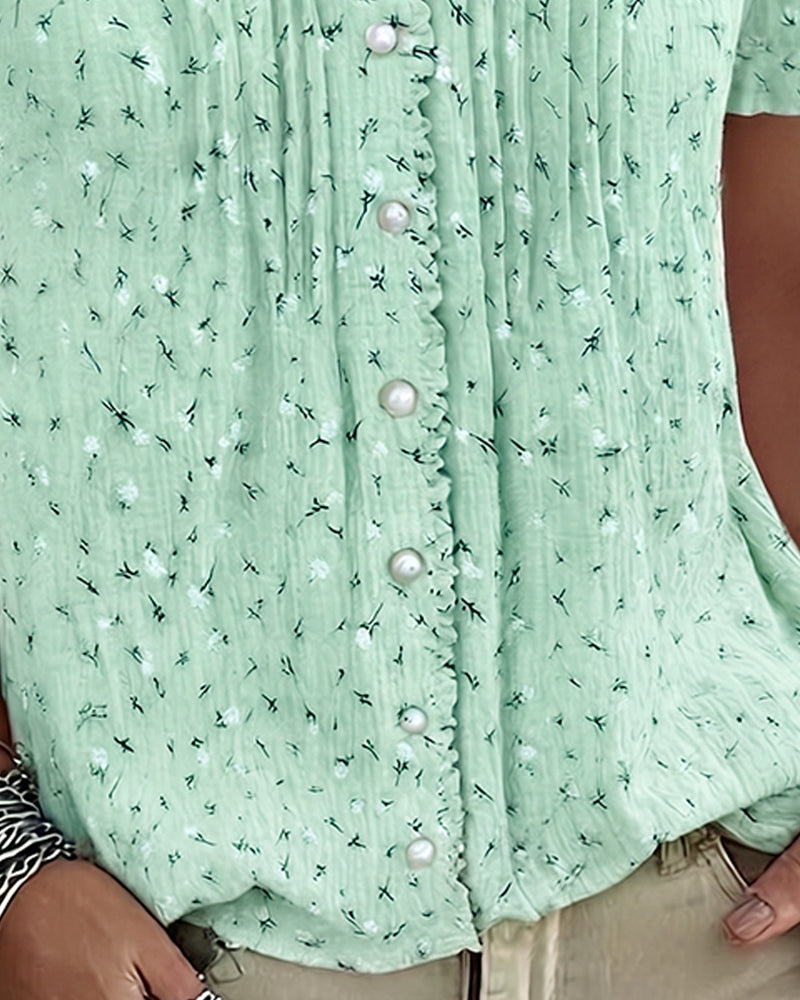 Puff Sleeve Floral Print Short-Sleeve Blouse