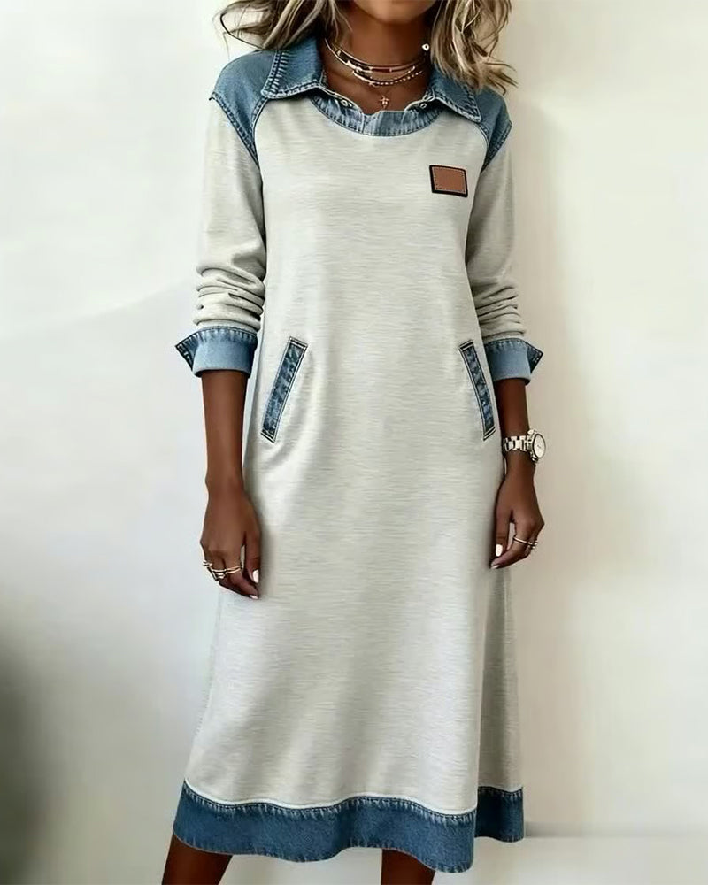 Casual Lapel Denim Patchwork Dress