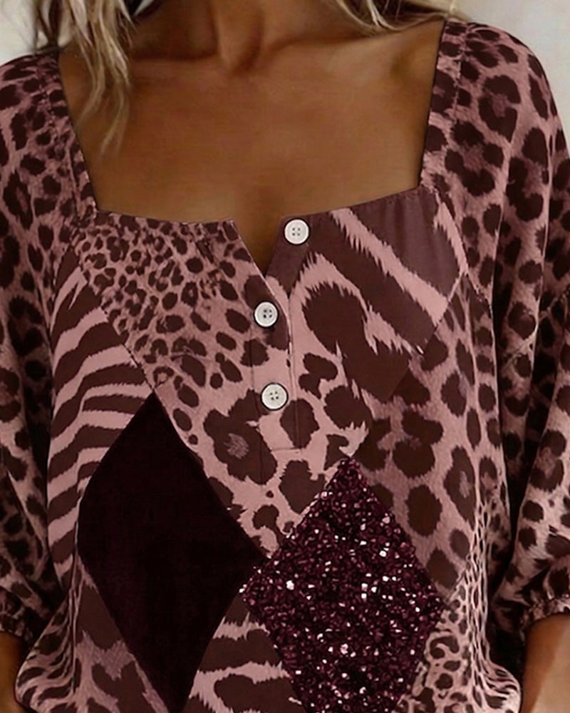 Square Neck Leopard Print Patchwork Sequin Blouse