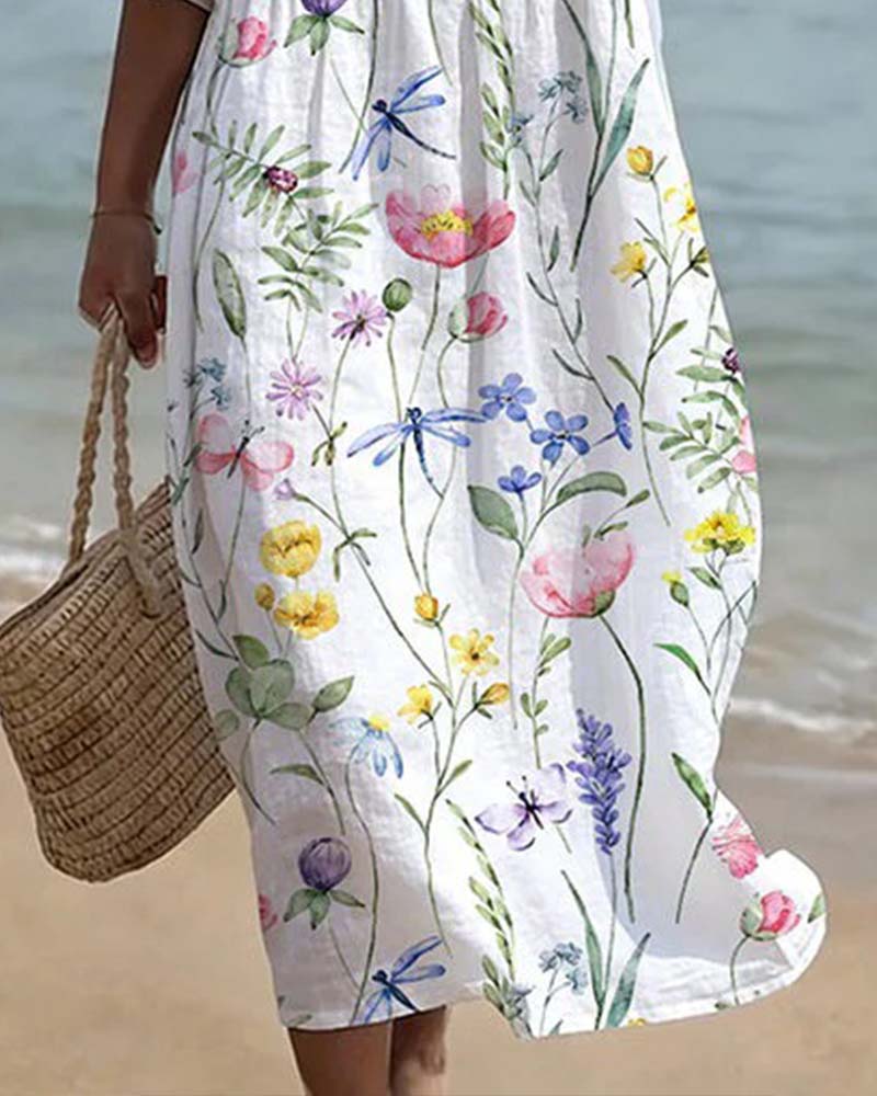 Short Sleeve Floral Crew Neck A-Line Dress