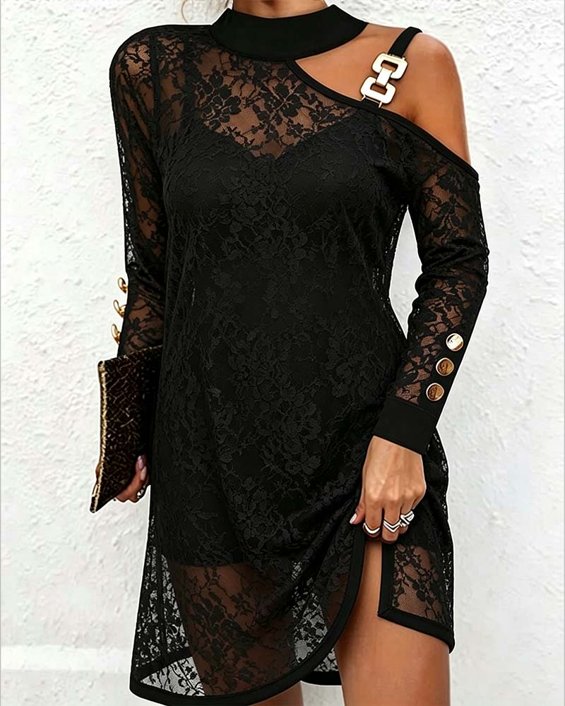 See-Through Lace One-Shoulder Dress