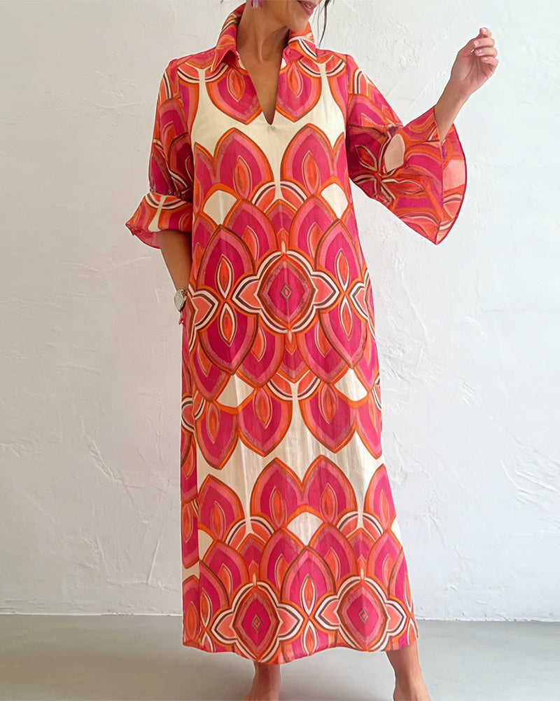 Elegant V-Neck Long-Sleeved Floral Dress