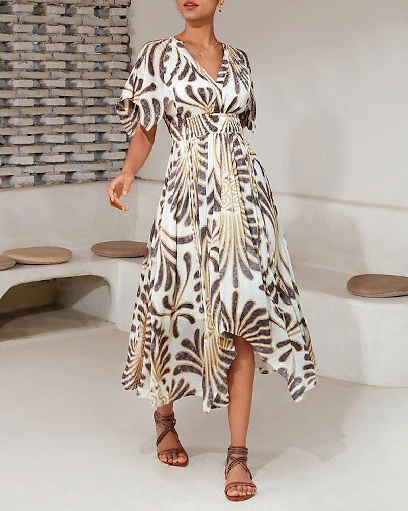 Printed V-neck irregular elegant dress