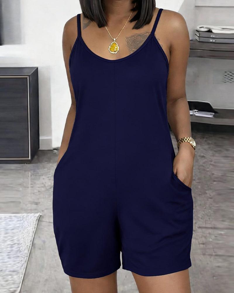 Sleeveless U-Neck Solid Color Pocket Jumpsuit